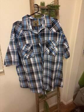 Coevals Club Men's Western Short Sleeve Plaid Pearl Snap Shirt Blue Gray 4XL
